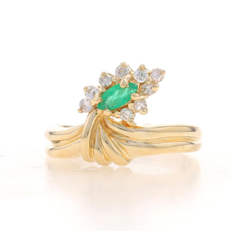 Size: 7 1/2
Sizing Fee: Up 3 sizes for $35 or Down 3 sizes for $35

Metal Content: 14k Yellow Gold

Stone Information

Natural Emerald
Treatment: Oiling
Carat(s): .15ct
Cut: Marquise
Color: Green

Natural Diamonds
Carat(s): .22ctw
Cut: Round