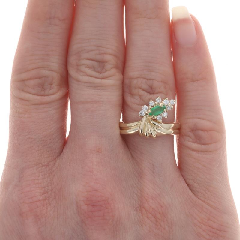 Marquise Cut Yellow Gold Emerald & Diamond Ring - 14k Marquise .37ctw Halo-Inspired For Sale