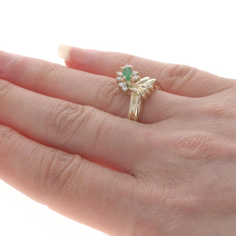 Women's or Men's Yellow Gold Emerald & Diamond Ring - 14k Marquise .37ctw Halo-Inspired For Sale