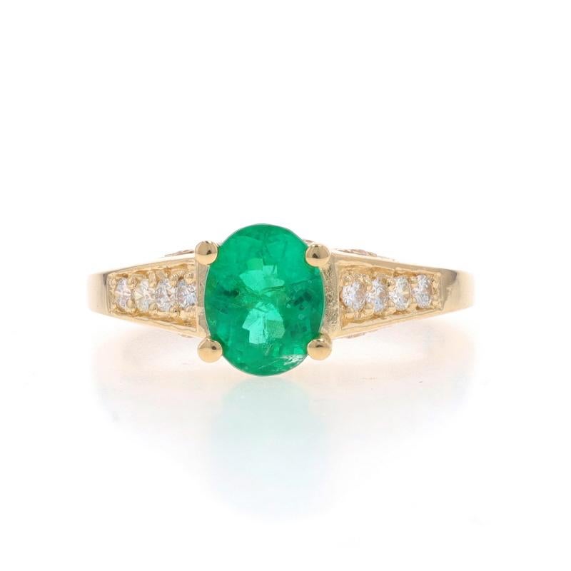 Size: 6 3/4
Sizing Fees: Up 2 sizes for $60 or Down 1 size for $40

Metal Content: 14k Yellow Gold

Stone Information
Natural Emerald
Treatment: Oiling
Carat(s): 1.18ct
Cut: Oval
Color: Green

Natural Diamonds
Carat(s): .22ctw
Cut: Round