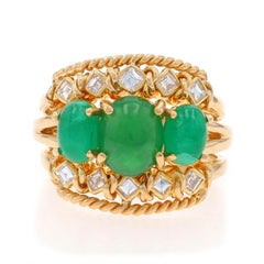 Yellow Gold Emerald Diamond Ring - 14k Oval Cabochon 2.68ctw Three-Stone