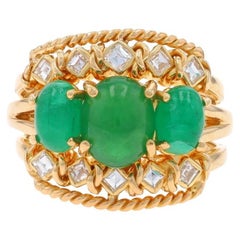 Yellow Gold Emerald Diamond Ring - 14k Oval Cabochon 2.68ctw Three-Stone