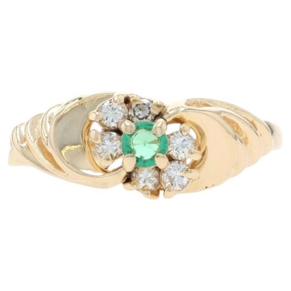 Yellow Gold Emerald Diamond Ring - 14k Round .28ctw Bypass For Sale