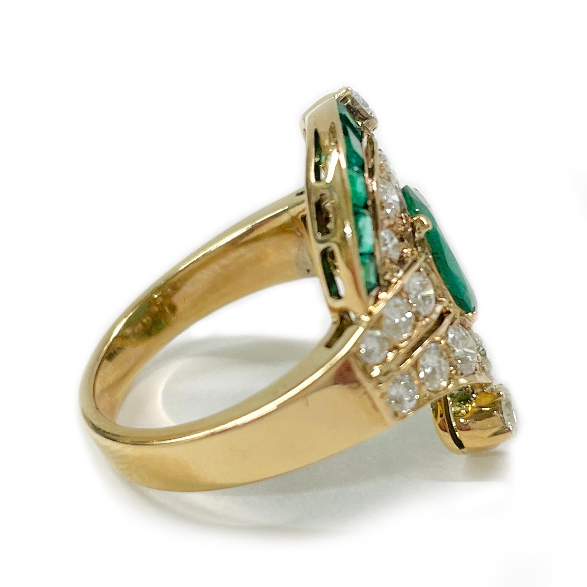 Contemporary Yellow Gold Emerald Diamond Ring For Sale
