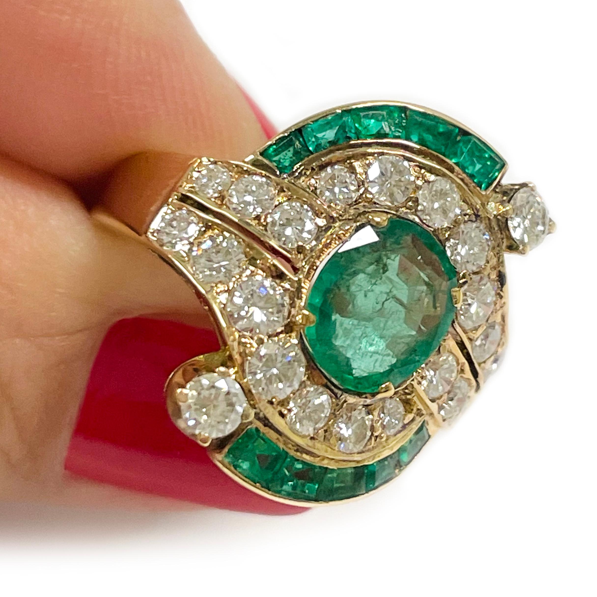 Oval Cut Yellow Gold Emerald Diamond Ring For Sale