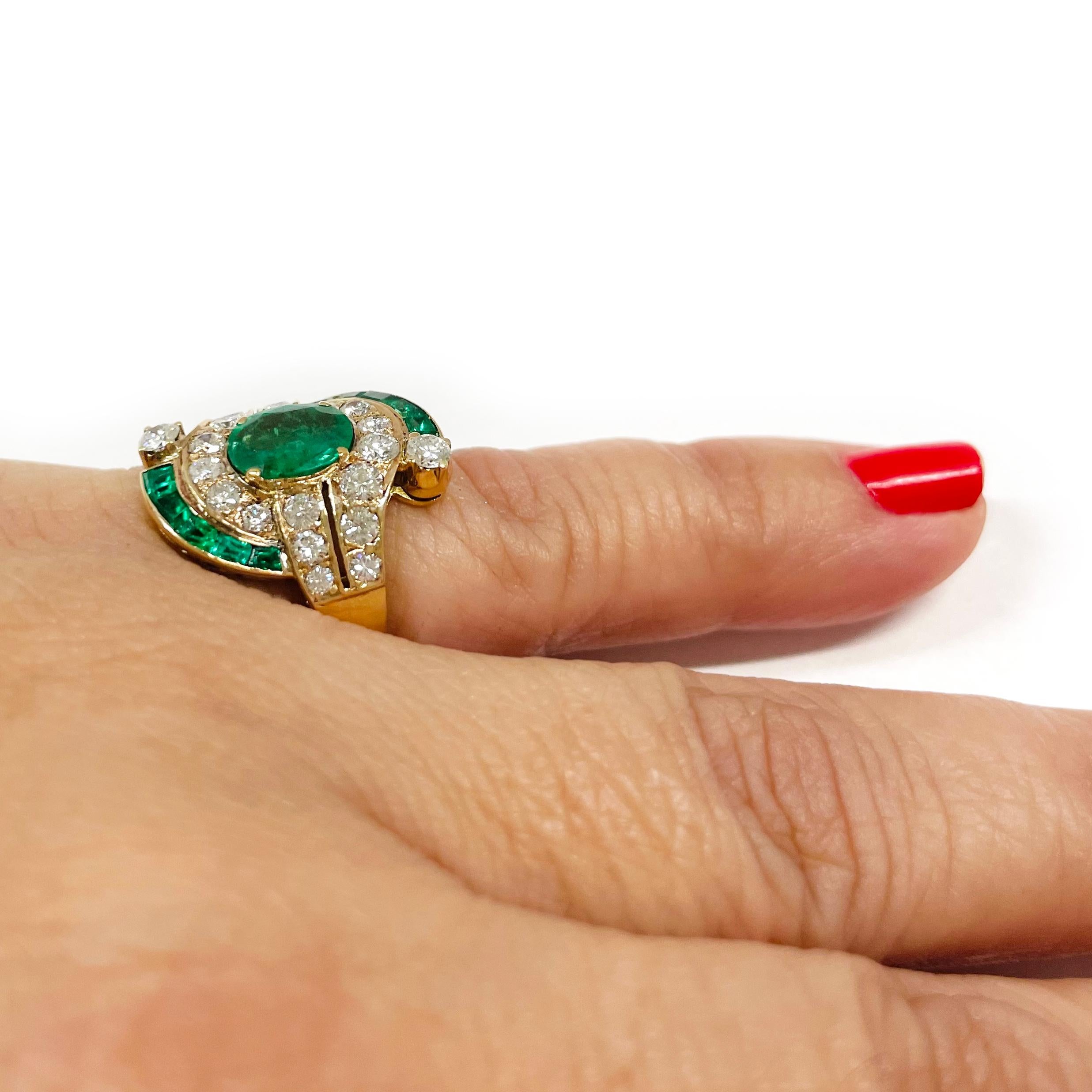 Women's or Men's Yellow Gold Emerald Diamond Ring For Sale