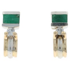 Yellow Gold Emerald Diamond Short J-Hook Earrings - 14k .80ctw Pierced