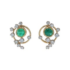 Yellow Gold Emerald Diamond Stud Earrings - 14k Rd Cab 1.60ctw Circles Pierced