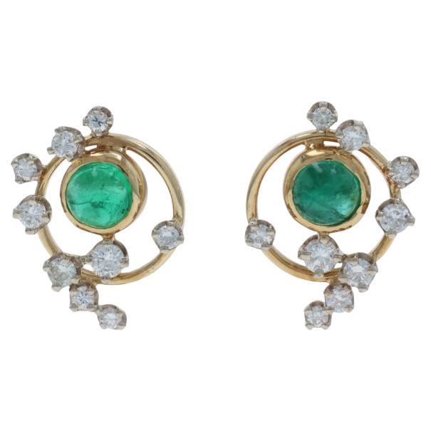 Yellow Gold Emerald Diamond Stud Earrings - 14k Rd Cab 1.60ctw Circles Pierced