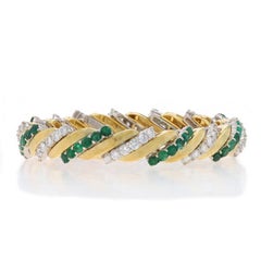 Yellow Gold Emerald & Diamond Vintage Link Bracelet 6 1/2" 18k 900 Rnd 10.08ctw
