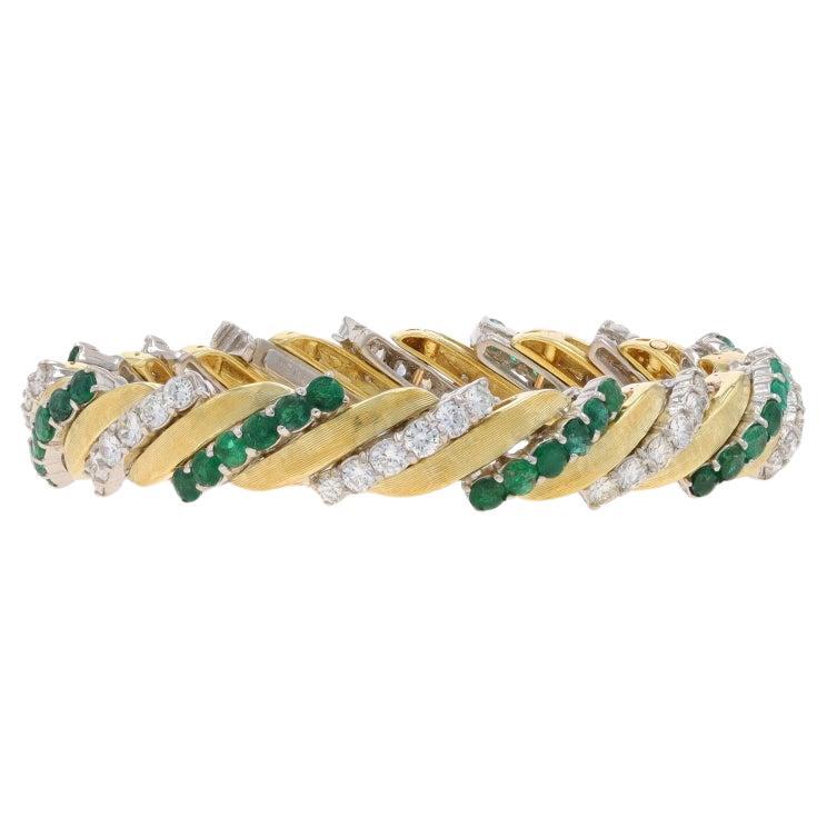 Yellow Gold Emerald & Diamond Vintage Link Bracelet 6 1/2" 18k 900 Rnd 10.08ctw en vente