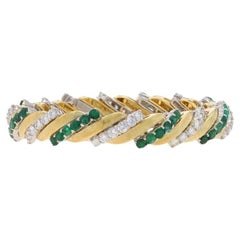 Yellow Gold Emerald & Diamond Vintage Link Bracelet 6 1/2" 18k 900 Rnd 10.08ctw