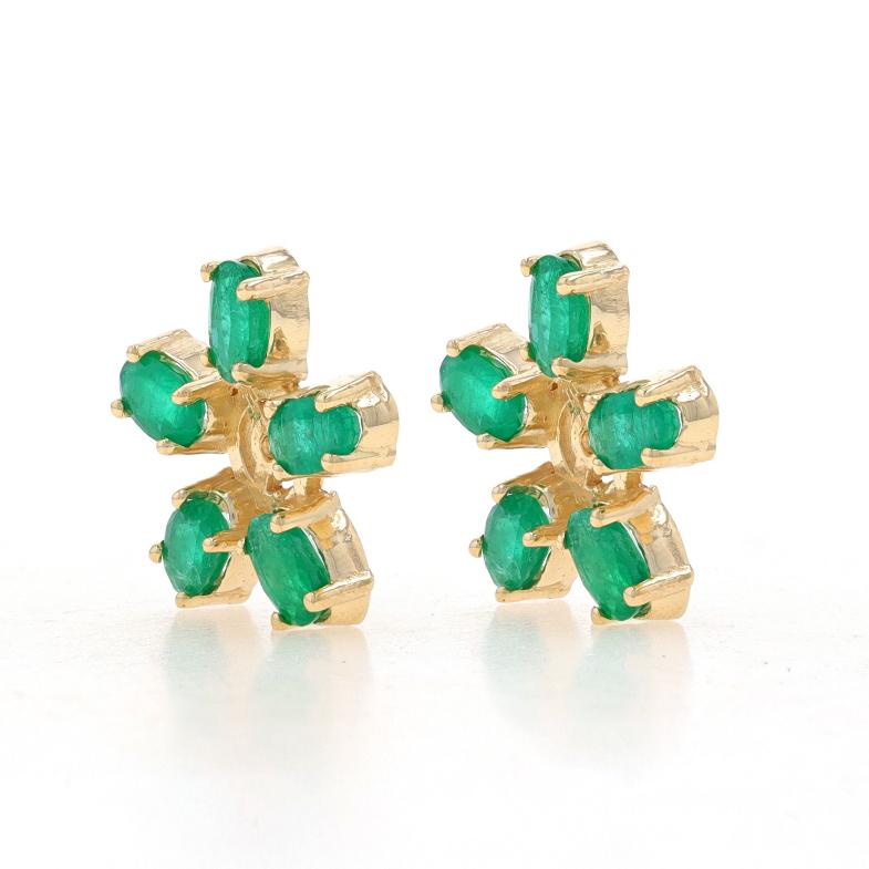 Metal Content: 14k Yellow Gold

Stone Information
Natural Emeralds
Treatment: Oiling
Carat(s): 2.50ctw
Cut: Oval
Color: Green

Total Carats: 2.50ctw

Style: Earring Enhancer Stud Jackets
Theme: Flowers

Measurements
Tall: 5/8