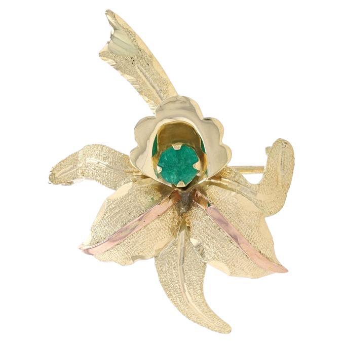 Yellow Gold Emerald Flower Brooch/Pendant - 18k Round .22ct Botanical Pin For Sale