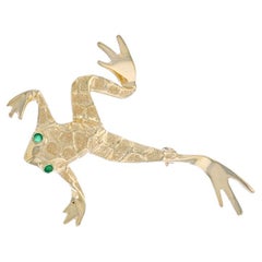 Yellow Gold Emerald Frog Brooch - 14k Round .10ctw Amphibian Pin