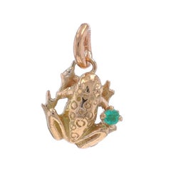 Yellow Gold Emerald Frog Solitaire Charm - 14k Amphibian Petite Pendant