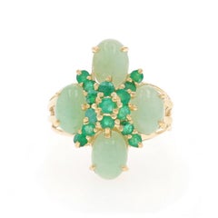 Yellow Gold Emerald Jadeite Cluster Cockail Ring 14k Round 3.72ctw Floral Burst