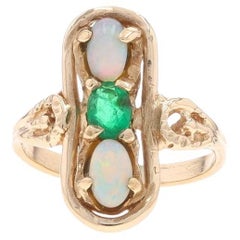 Yellow Gold Emerald & Opal Vintage Three-Stone Ring - 10k Oval .47ctw