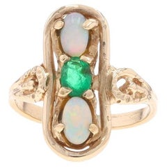 Yellow Gold Emerald & Opal Vintage Three-Stone Ring - 10k Oval .47ctw