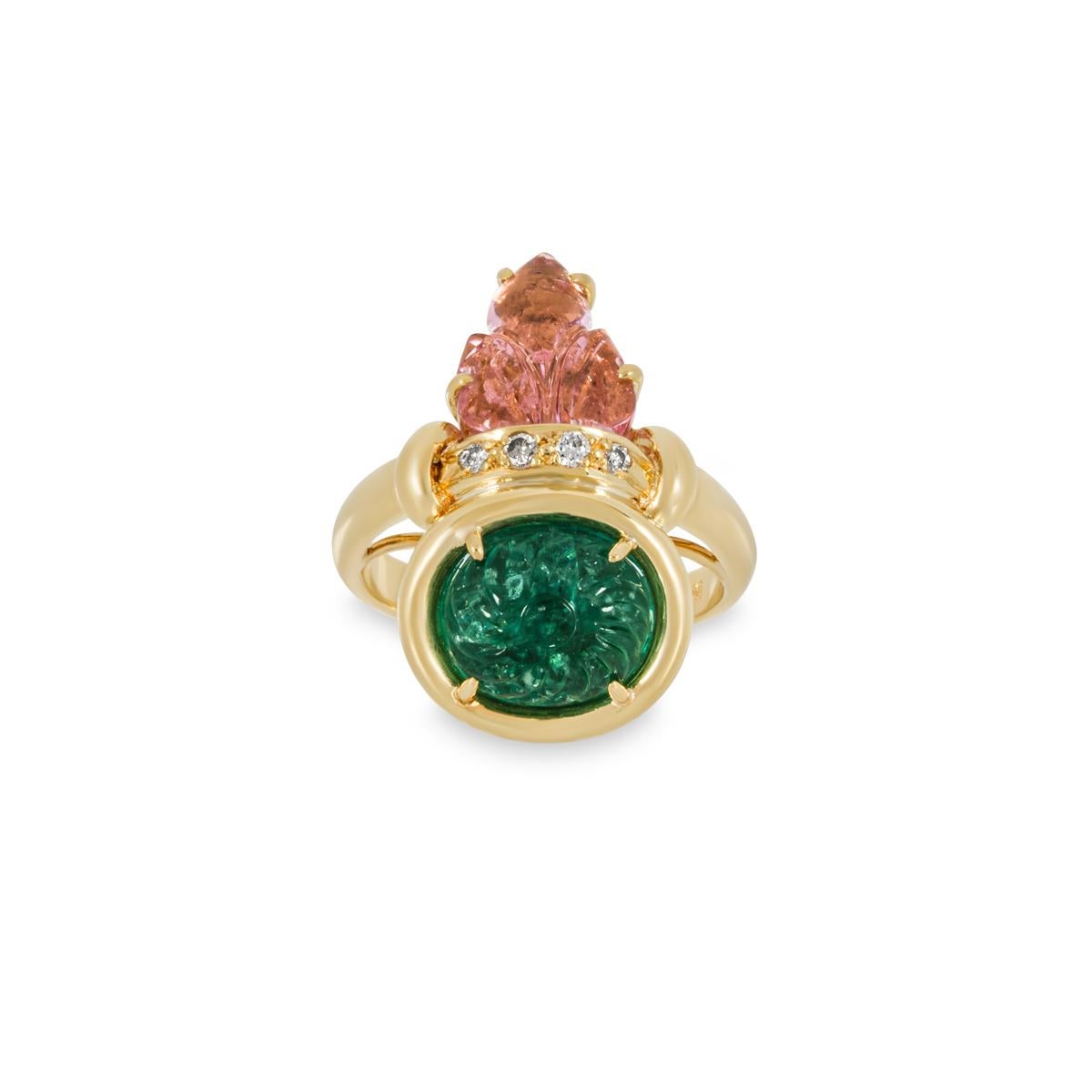 Oval Cut Yellow Gold Emerald, Pink Tourmaline & Diamond Ring For Sale