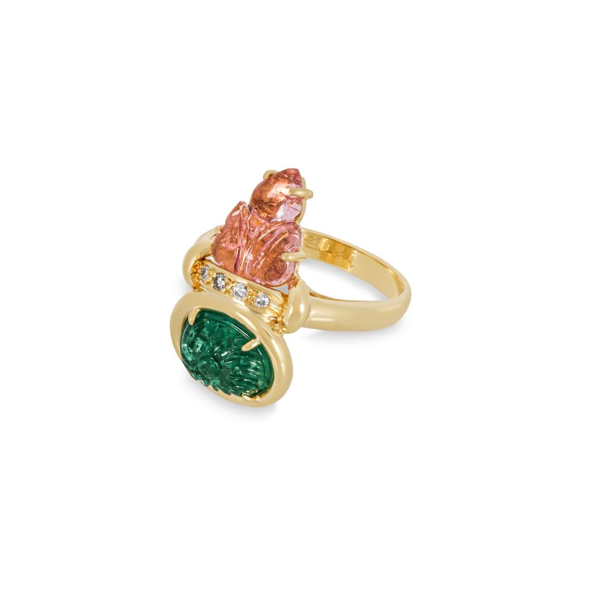 Yellow Gold Emerald, Pink Tourmaline & Diamond Ring In Excellent Condition For Sale In London, GB