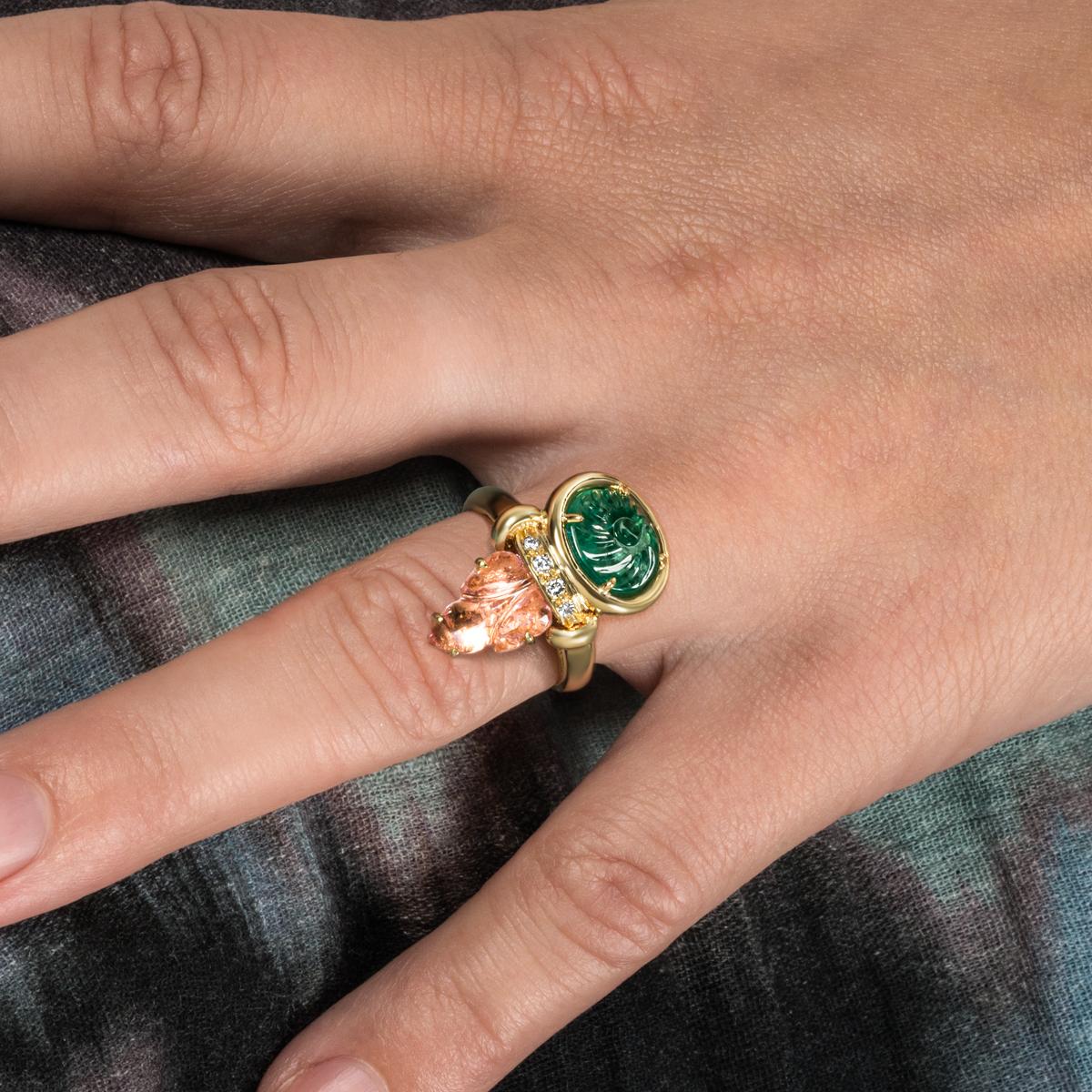 Women's Yellow Gold Emerald, Pink Tourmaline & Diamond Ring For Sale