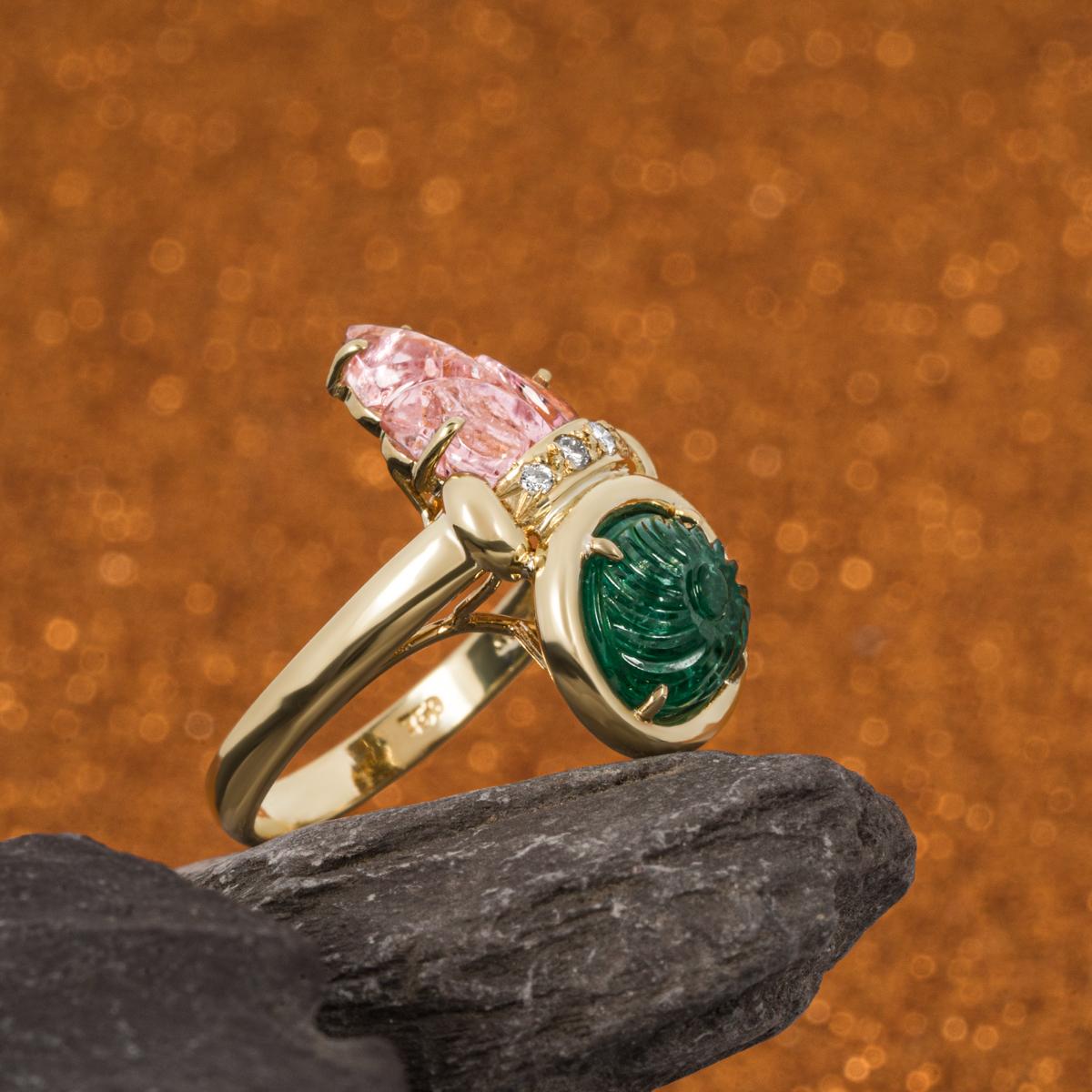 Yellow Gold Emerald, Pink Tourmaline & Diamond Ring For Sale 2