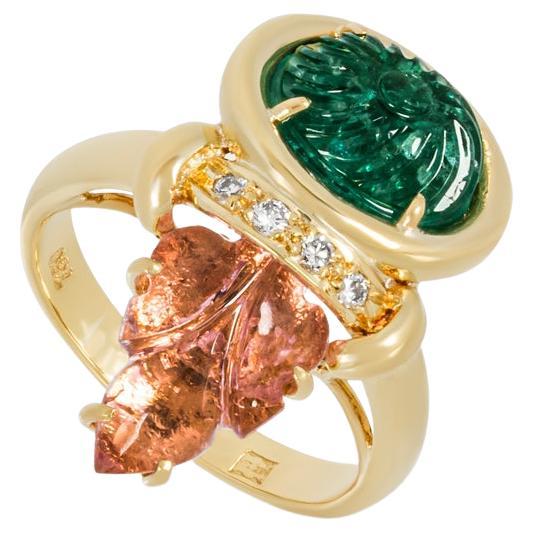 Yellow Gold Emerald, Pink Tourmaline & Diamond Ring For Sale