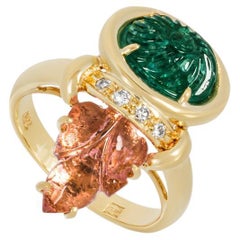 Yellow Gold Emerald, Pink Tourmaline & Diamond Ring