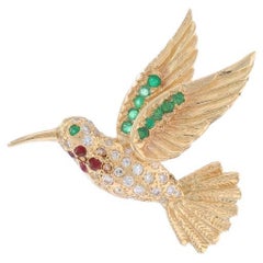 Yellow Gold Emerald Ruby Diamond Hummingbird Brooch/Pendant 14k Round .51ctw Pin