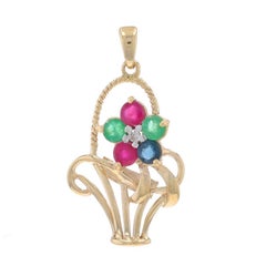 Yellow Gold Emerald Ruby Sapphire Pendant - 10k Round 1.32ctw Flower Basket