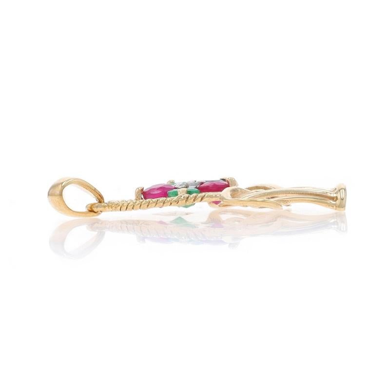 Round Cut Yellow Gold Emerald Ruby Sapphire Pendant - 10k Round 1.32ctw Flower Basket For Sale