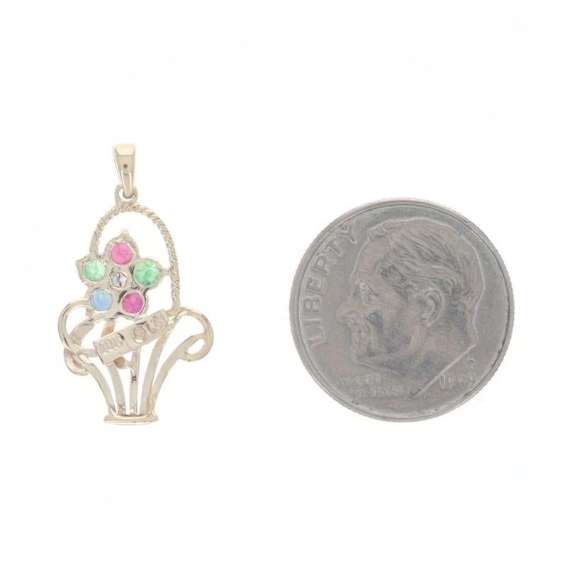 Yellow Gold Emerald Ruby Sapphire Pendant - 10k Round 1.32ctw Flower Basket In Excellent Condition For Sale In Greensboro, NC