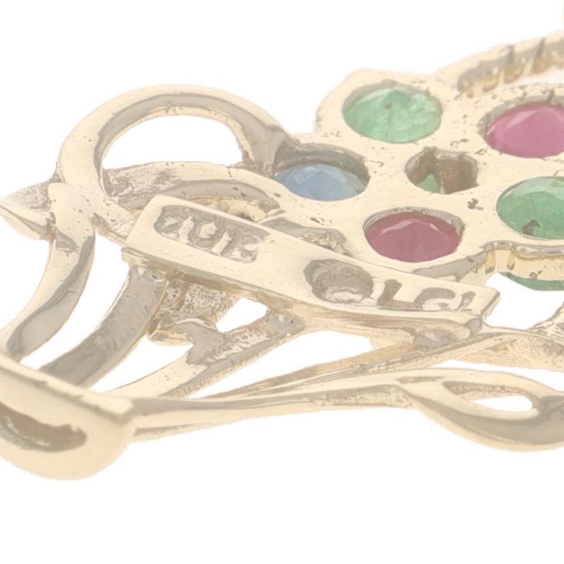 Women's Yellow Gold Emerald Ruby Sapphire Pendant - 10k Round 1.32ctw Flower Basket For Sale