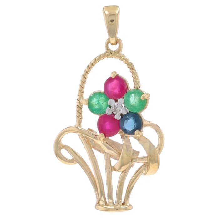 Yellow Gold Emerald Ruby Sapphire Pendant - 10k Round 1.32ctw Flower Basket For Sale