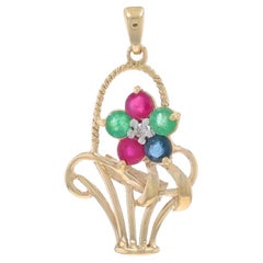 Yellow Gold Emerald Ruby Sapphire Pendant - 10k Round 1.32ctw Flower Basket