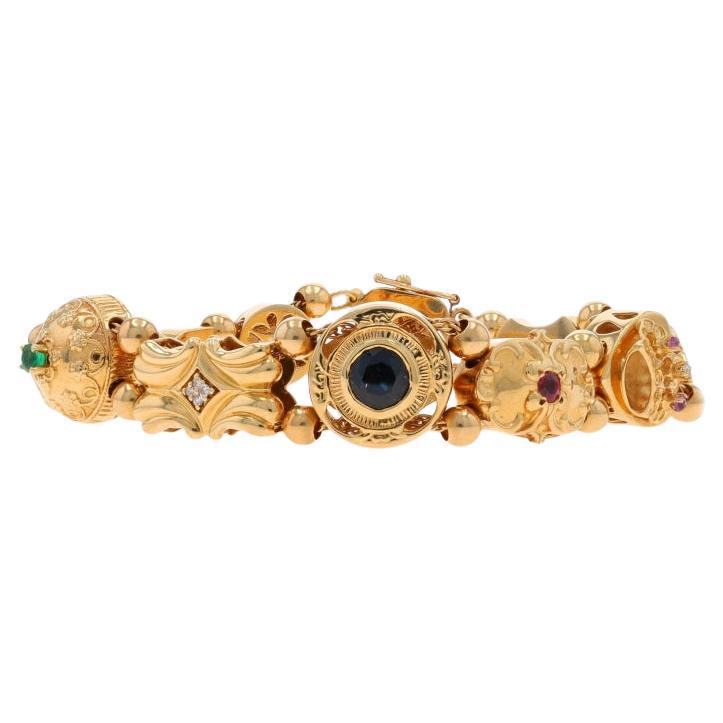 Yellow Gold Emerald Sapp Amethyst Vintage Slide Charm Bracelet 7" 14k Rd 1.10ct