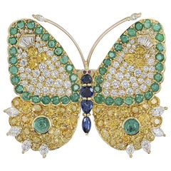 Yellow Gold Emerald, Sapphire Multi-Gem Butterfly Brooch