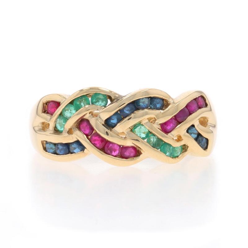 Size: 7

Metal Content: 10k Yellow Gold

Stone Information

Natural Emeralds
Treatment: Oiling
Carat(s): .32ctw
Cut: Round

Natural Sapphires
Treatment: Heating
Carat(s): .45ctw
Cut: Round

Natural Rubies
Treatment: Heating
Carat(s): .45ctw
Cut: