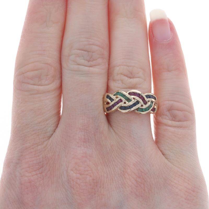 Round Cut Yellow Gold Emerald Sapphire Ruby Cocktail Band 10k Rd 1.22ctw Braid Ring Sz7 For Sale