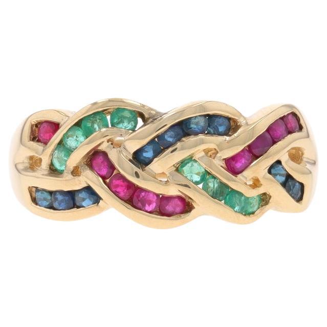 Yellow Gold Emerald Sapphire Ruby Cocktail Band 10k Rd 1.22ctw Braid Ring Sz7 For Sale