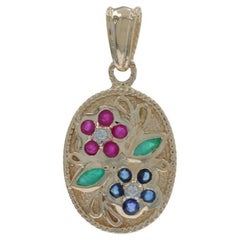 Yellow Gold Emerald Sapphire Ruby Pendant - 14k Marquise .71ctw Flowers