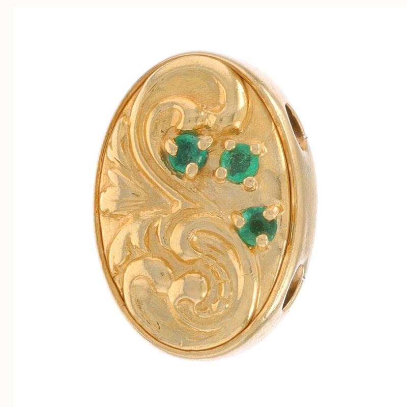 Design:  Slide Charm

Metal Content: 14k Yellow Gold

Stone Information

Natural Emeralds
Treatment: Oiling
Carat(s): .12ctw
Cut: Round

Total Carats: .12ctw

Style: Slide Charm
Theme: Scroll

Measurements

Tall: 11/16