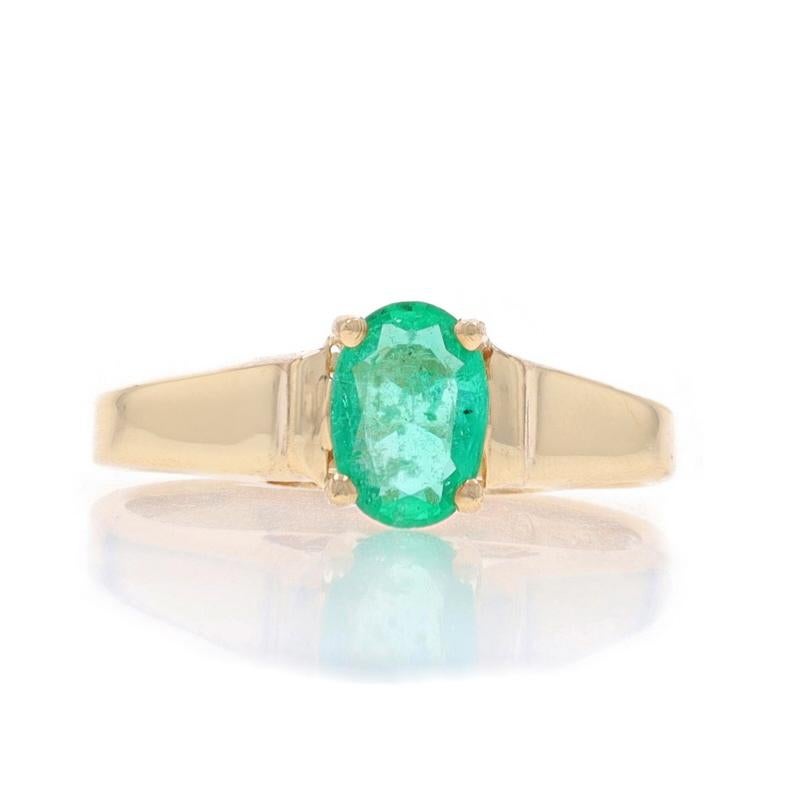 Size: 6
Sizing Fee: Up 2 sizes for $30 or Down 1 size for $30

Metal Content: 10k Yellow Gold

Stone Information

Natural Emerald
Treatment: Oiling
Carat(s): .85ct
Cut: Oval
Color: Green

Total Carats: .85ct

Style: Solitaire
Features: Cathedral
