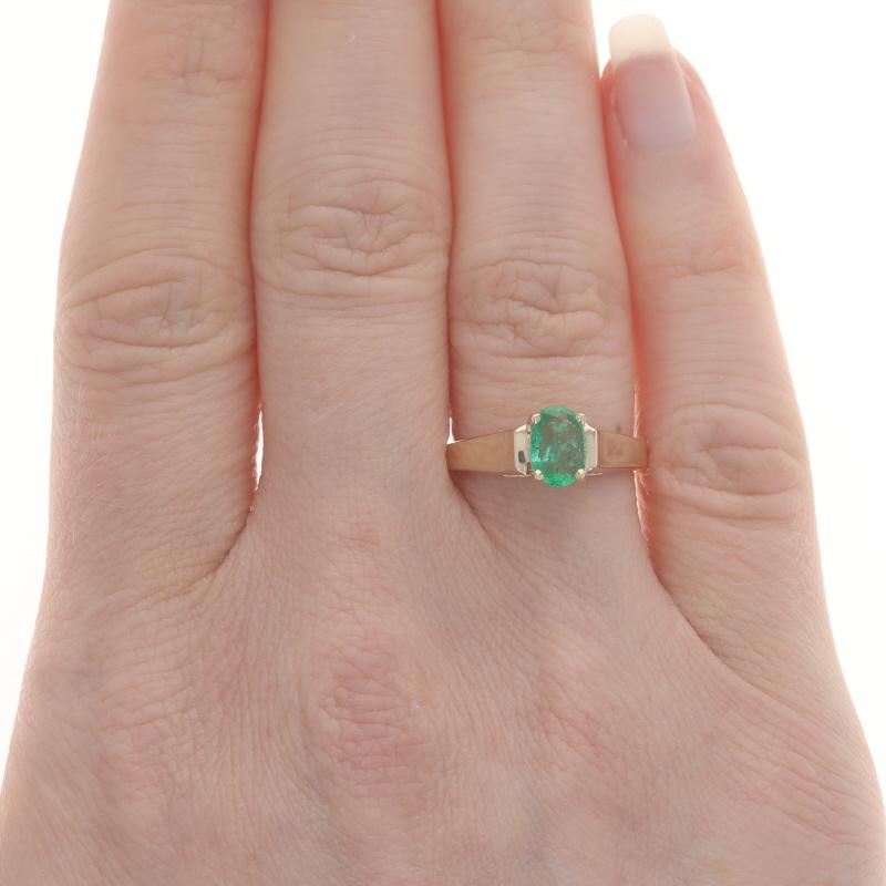 Oval Cut Yellow Gold Emerald Solitaire Ring - 10k Oval .85ct Cathedral For Sale