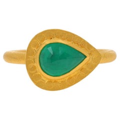 Yellow Gold Emerald Solitaire Ring - 24k Pear 1.34ct Matte Stackable