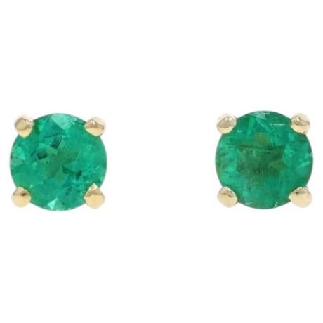 Yellow Gold Emerald Stud Earrings - 14k Round 1.10ctw Pierced