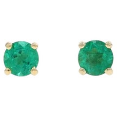 Yellow Gold Emerald Stud Earrings - 14k Round 1.10ctw Pierced