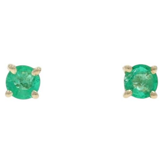 Yellow Gold Emerald Stud Earrings - 14k Round .44ctw Pierced