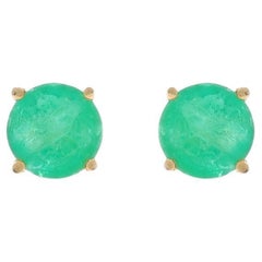 Yellow Gold Emerald Stud Earrings - 14k Round .96ctw Pierced